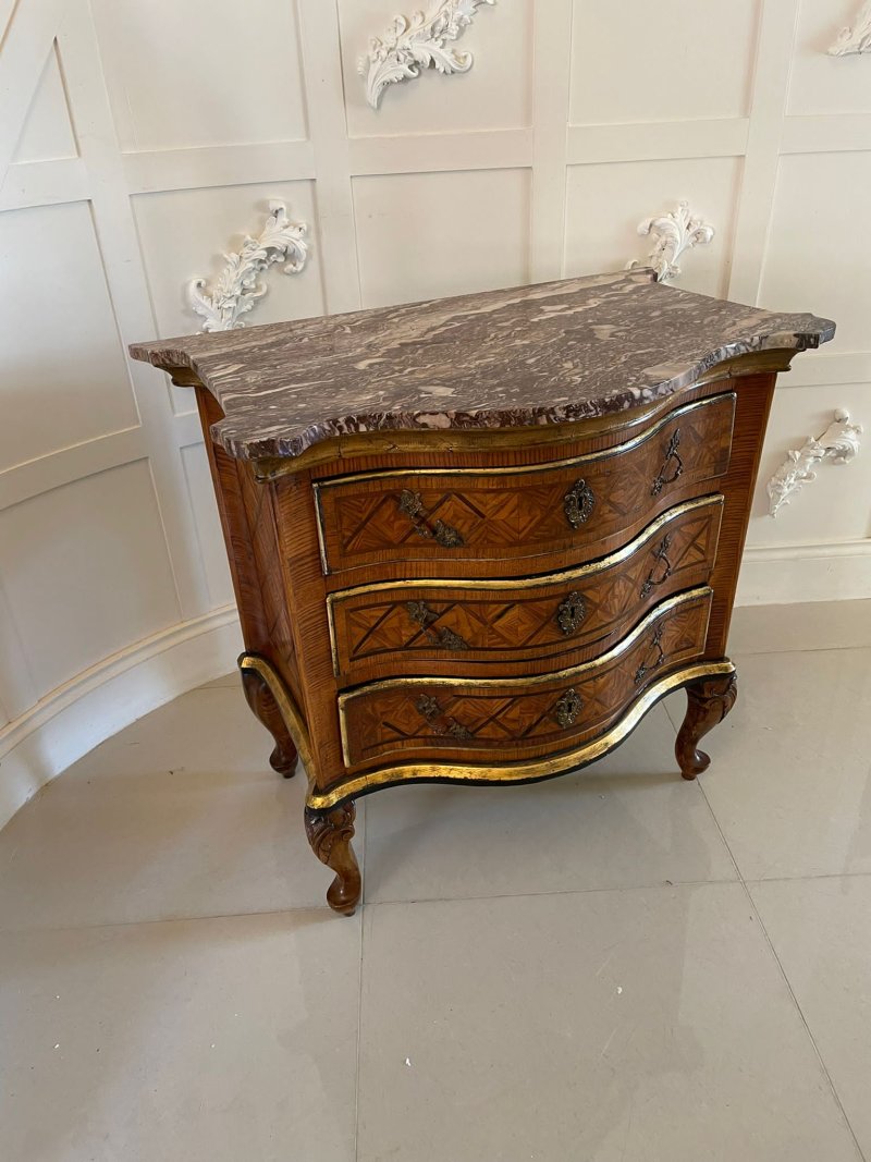 Antique 18th Century Quality Parquetry Inlaid Serpentine Shaped Marble Top Commode Chest